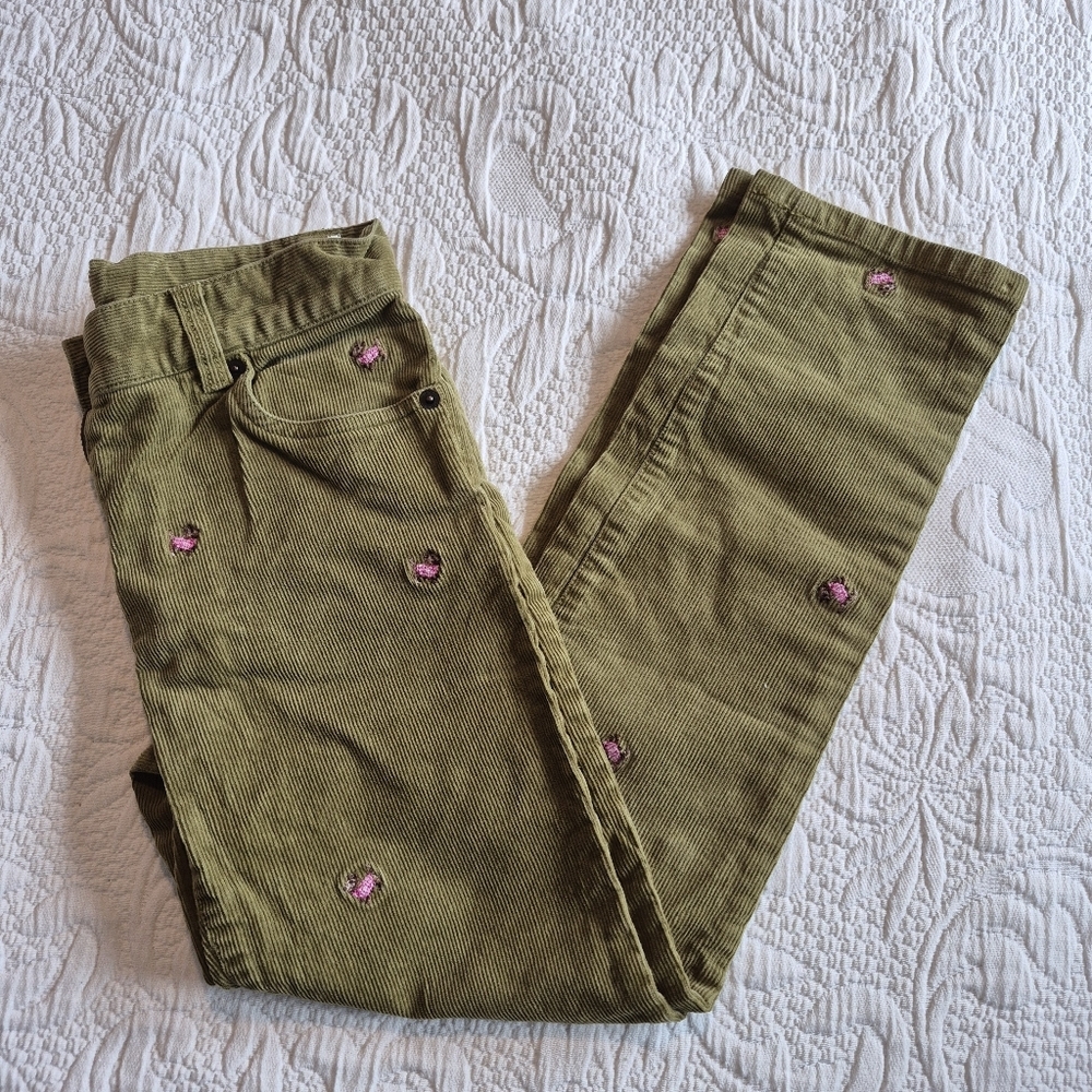 Crewcuts girls pants size 8 olive green corduroy embroidered, adjustable waist